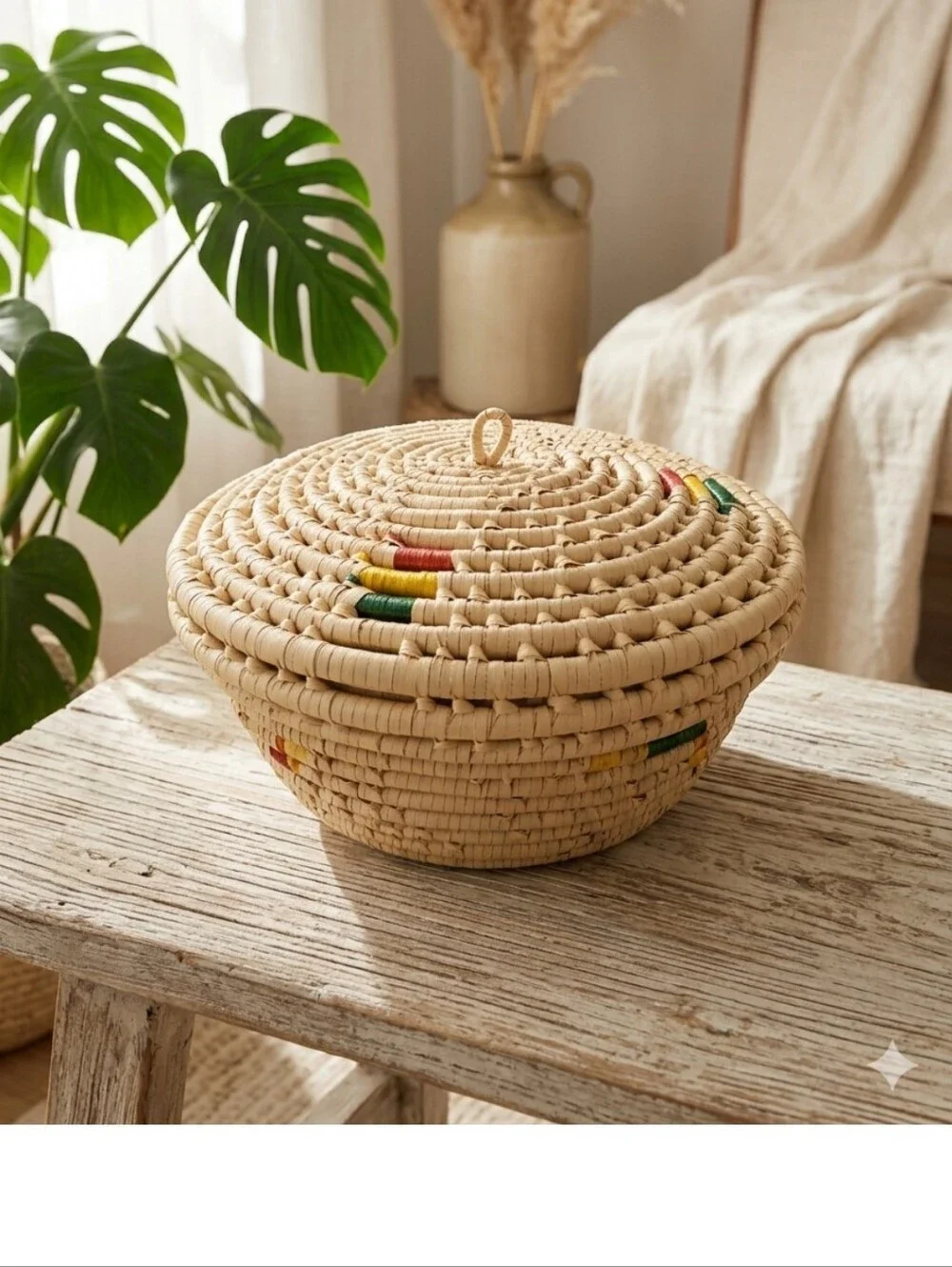 Handwoven Coiled Raffia Basket with Lid - 10